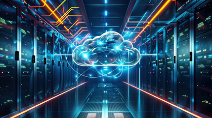 Server room with a cloud symbol. advanced technology for secure and efficient data management and networking, seamless communication and access to information in the modern cyber infrastructure