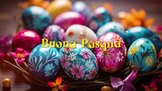 Animated greeting "Buona Pasqua" with vibrant, elaborately patterned Easter eggs in the background