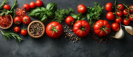Tomatoes and basil on a dark background.