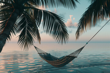 A serene shot of a hammock gently swaying between two palm trees, inviting viewers to embrace the tranquility of a siesta, minimalistic style,