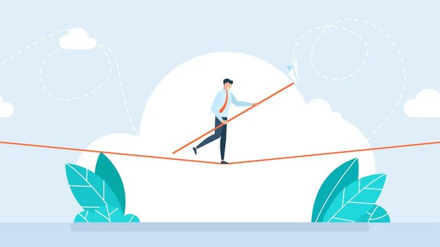 Business risk and professional strategy concept. Businessman walks over gap as tightrope walker. Manage Business risk. Businessman walking tightrope. Funambulist. Balance-master. 2d flat animation	