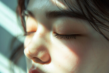 An artistic close-up of closed eyelids with faint sunlight filtering through, evoking the peaceful ambiance of a midday nap, minimalistic style,