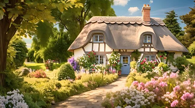 Abstract animation quaint cottage nestled amidst the countryside. Picturesque landscape, bucolic beauty, countryside sanctuary, charming dwelling, peaceful oasis. Generated by AI.