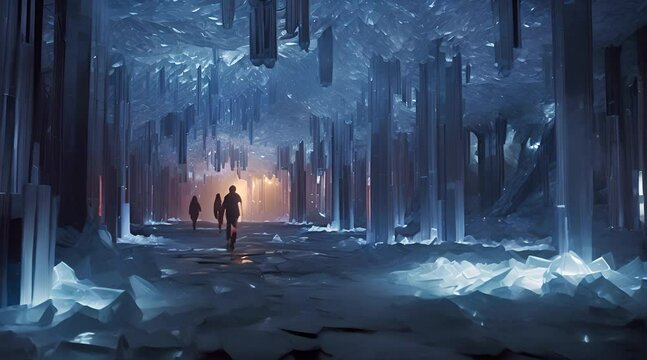Abstract animation crystal caverns. Glittering crystals, ethereal beauty, underground marvels, subterranean splendor, crystalline labyrinth. Generated by AI.