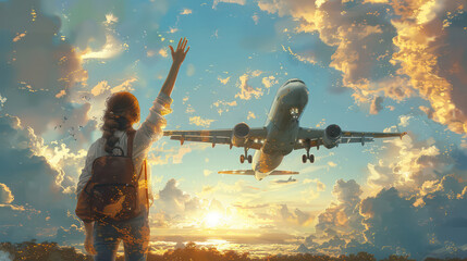 A beautiful young woman waving goodbye to an airplane taking off.