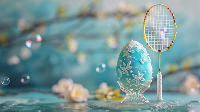 badminton sport club company easter greeting video blue fibes with miniature of badminton racket blue decoration of easter egg and flower arrangemen animated loop happy easter