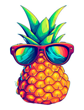 Pineapple design with cartoon style glasses on transparent background in png