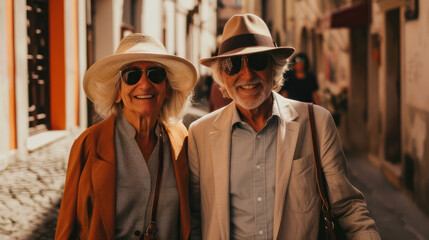 Couple senior Happy and prosperous retirees are vacationing in warm-toned Italy. - obrazy, fototapety, plakaty