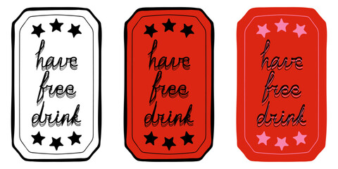 Have a free drink. Coupon, check, reservation, guarantee, transport, travel card, plane, bus, public, buy in advance, book, ticket, pass, colorful, black and white, stars, special event. Vector