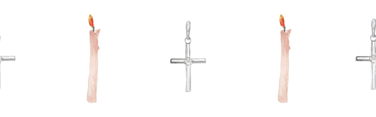 Watercolor candle and  cross border.Christian seamless border. Hand painted illustration on white backround.