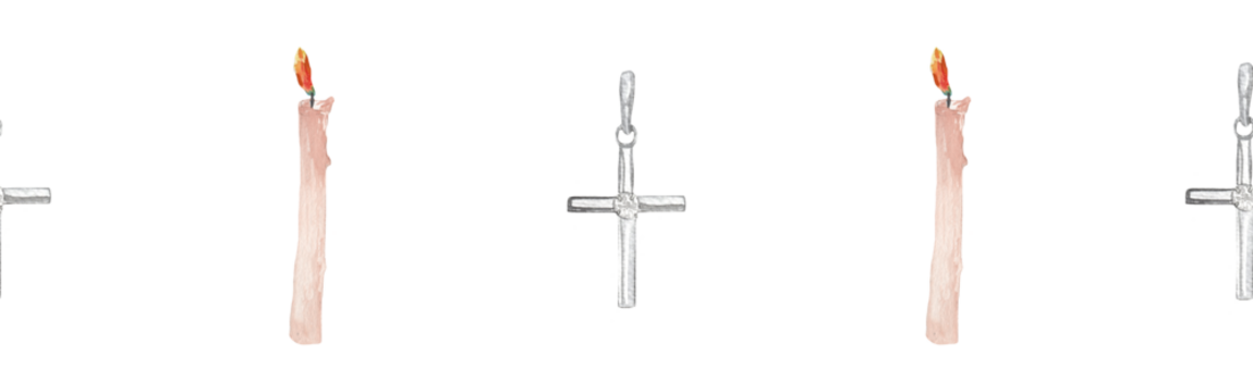 Watercolor candle and  cross border.Christian seamless border. Hand painted illustration on white backround.