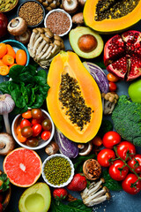 Healthy food clean eating selection: tropical fruit, vegetable, seeds, superfood. Healthy food.
