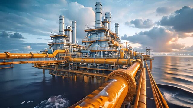 Pipework and exhaust stack at offshore oil and gas central processing platform,generative ai