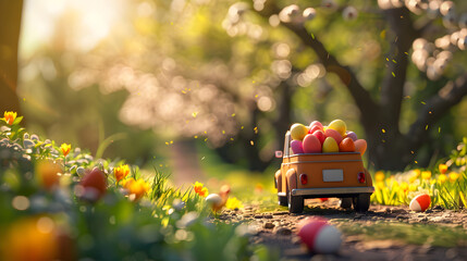 Vintage car full of colorful Easter eggs on the road with grass and spring flowers. Concept of Easte travel, transport and logistics. - 742485515