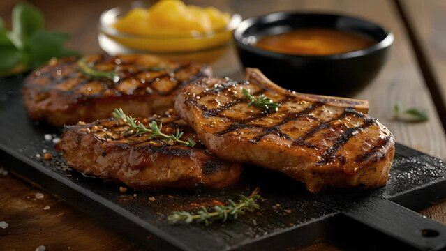 A mouthwatering feast of smoky and tender pork chops fresh off the grill and accompanied by a dollop of tangy applesauce.