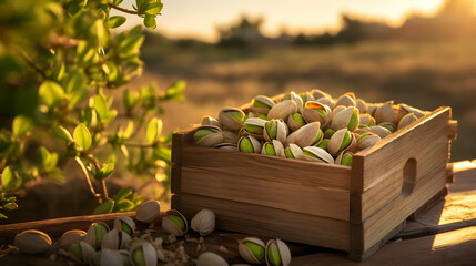 Pistachio nuts harvested in a wooden box in a plantation with sunset. Natural organic fruit abundance. Agriculture, healthy and natural food concept. - 742486760