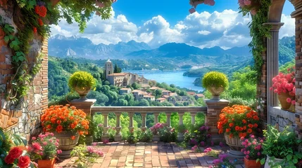 Fotobehang Picturesque Italian lakeside village with panoramic views of mountains and lush greenery, epitomizing summer travel in Italy © Jahid