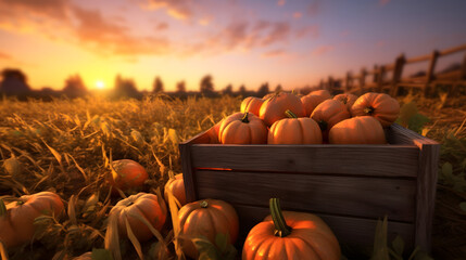 Orange pumpkins harvested in a wooden box with field and sunset in the background. Natural organic fruit abundance. Agriculture, healthy and natural food concept. Horizontal composition. - obrazy, fototapety, plakaty