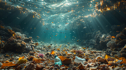 a plastic bottle is floating in the water near a coral reef