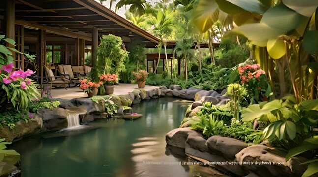 Abstract animation of backyard pond, surrounded by lush greenery and blooming flowers. Water feature, garden pond, reflection, nature, serene ambiance, relaxation. Generated by AI.