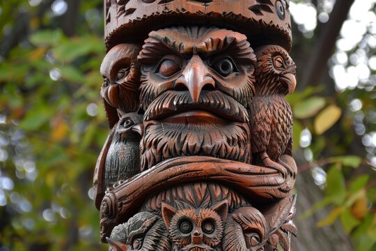 A whimsical totem pole carved with legends of mythical wild west creatures