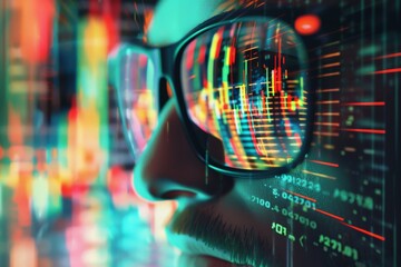 AI generated holographic advisor reflected on eyeglasses to optimize pricing strategies - obrazy, fototapety, plakaty