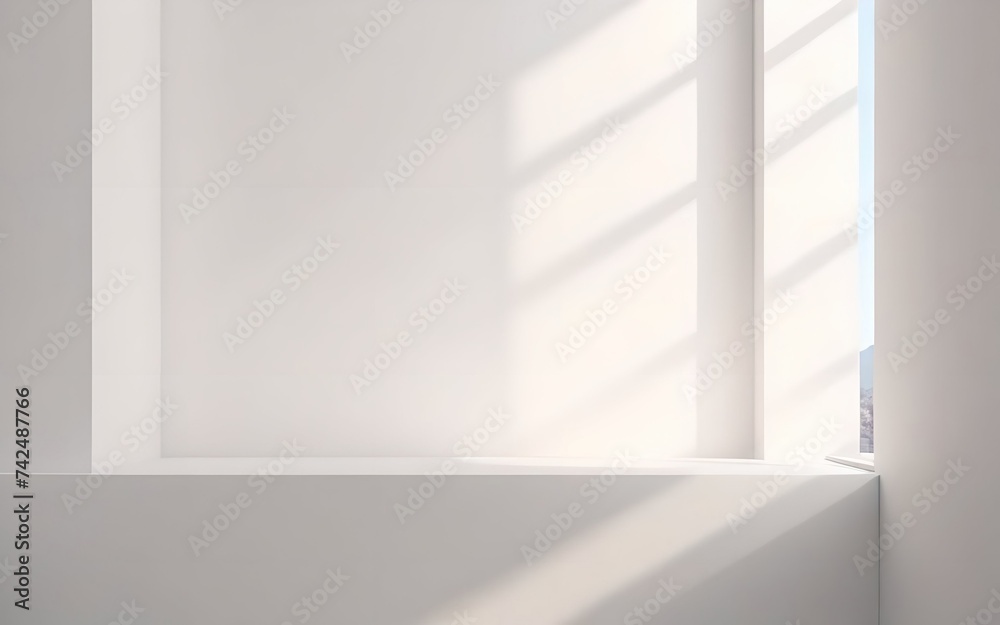 Aufkleber Empty simple background for presentation with wall and podium. Sunlight from the window casts a shadow on light  wall.