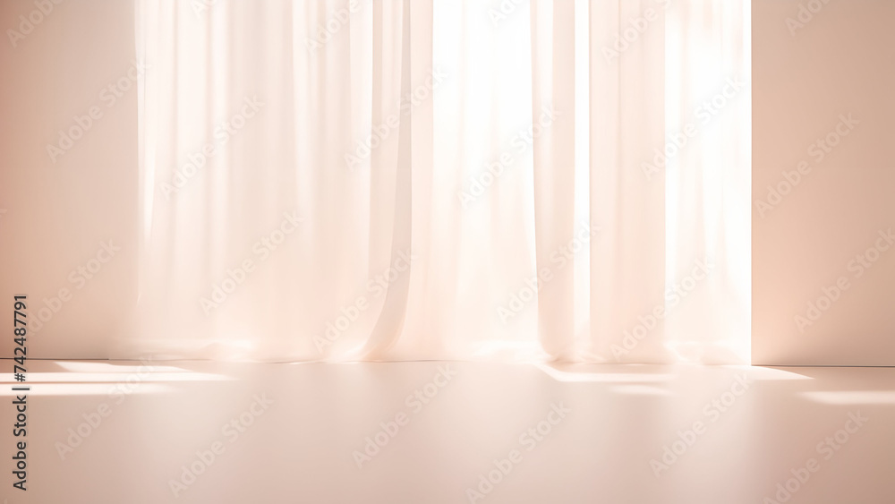 Aufkleber Backlit window with delicate beige-pink translucent curtains in an empty room. Peach fuzz color 2024.