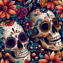 Design a captivating digital artwork featuring traditional Calavera skulls adorned with intricate flowers