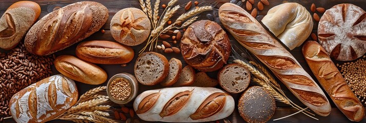 Diverse bread types rich in whole grains artfully arranged on wood Kitchen wholesome food theme - obrazy, fototapety, plakaty