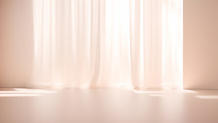 Backlit window with delicate beige-pink translucent curtains in an empty room. Peach fuzz color 2024. - 742487791