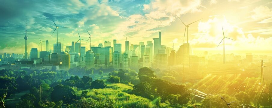 Futuristic cityscape with sustainable energy sources showcasing innovation in renewable energy and urban development