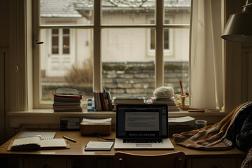 A detailed photograph of a student's desk with a minimalist setup, featuring a laptop open to an e-learning platform and a few essential study materials, shot from hiding camera, m