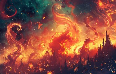 Inferno dreams Imagine and illustrate a surreal scene where fire takes on unexpected shapes and forms