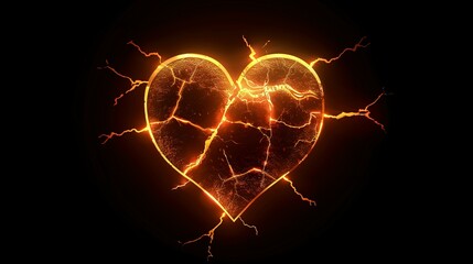 A broken heart with glowing cracks on a dark backdrop