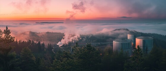 Panoramic view of a carbon storage facility at dawn misty ambiance surrounded by forests