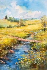 Picturesque watercolor landscape capturing the essence of a tranquil countryside