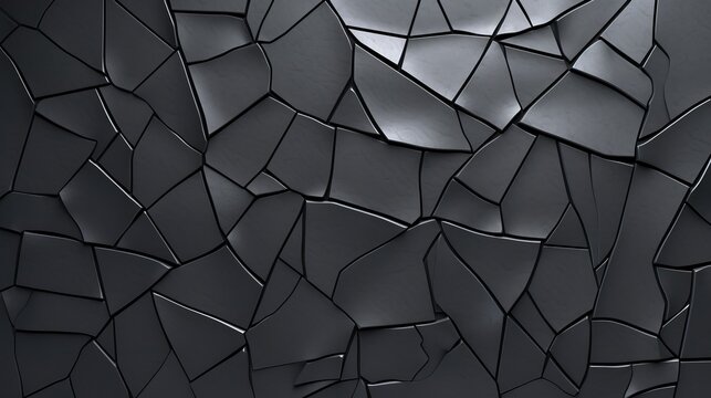 Geometric shape background. Black mosaic pieces background. Ceramic decoration texture. Puzzle look graphic design. Bright cracked texture. Ceramic tile wall. Uneven porcelain pieces.
