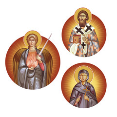 Medallions set with Archangel Uriel, Saint Sava Serbian and Saint Sophia on white background. Illustration in Byzantine style isolated