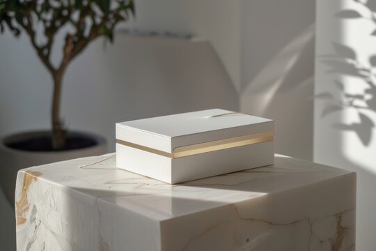 white box with a golden stripe, bathed in sunlight, sits elegantly on a marble surface