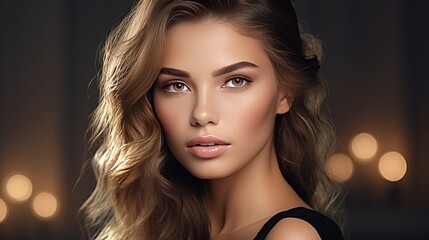 Glamour portrait of beautiful woman model with fresh daily makeup and romantic wavy hairstyle. Fashion shiny highlighter on skin,  gloss lips make-up and dark eyebrows