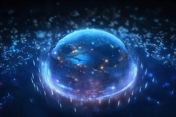 Obraz premium surface of earth planet with futuristic computer technology and mega city, digital connections with hologram and glow against background of space, concept of globalization and urbanization