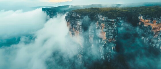 Towering cliffs shrouded in mist