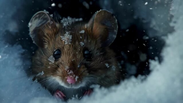 Closeup of the dormouses dark beady eyes filled with wonder and curiosity as it explores its wintery surroundings.