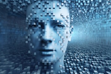 Obraz premium man's face with 3D cubes and particles in space as symbol of augmented reality and computer technologies of future, close-up portrait, concept of cybernetics, biomechanics and robotics