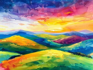 Vibrant watercolor landscape rolling hills under a sunset sky serene and picturesque