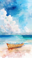 Watercolor baot on sea beach for a travel agencys dreamy destination promo - obrazy, fototapety, plakaty
