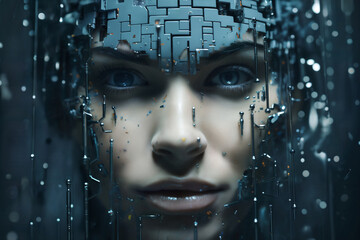 a woman's face with 3D particles in space as a symbol of augmented reality and computer technologies of the future, a close-up portrait, the concept of cybernetics, biomechanics and robotics