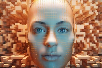 woman's face with 3D cubes and particles in space as symbol of augmented reality and computer technologies of future, close-up portrait, concept of cybernetics, biomechanics and robotics