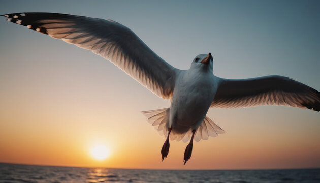 Flying seagull at sunset. Close up photo.